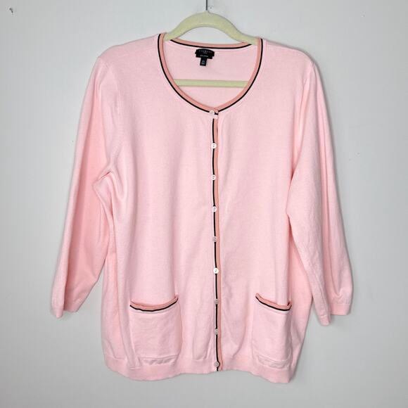 Talbots Woman Pima Cotton Size 2X Pink Contrast Trim Summer Button-Up Cardigan - Picture 1 of 8
